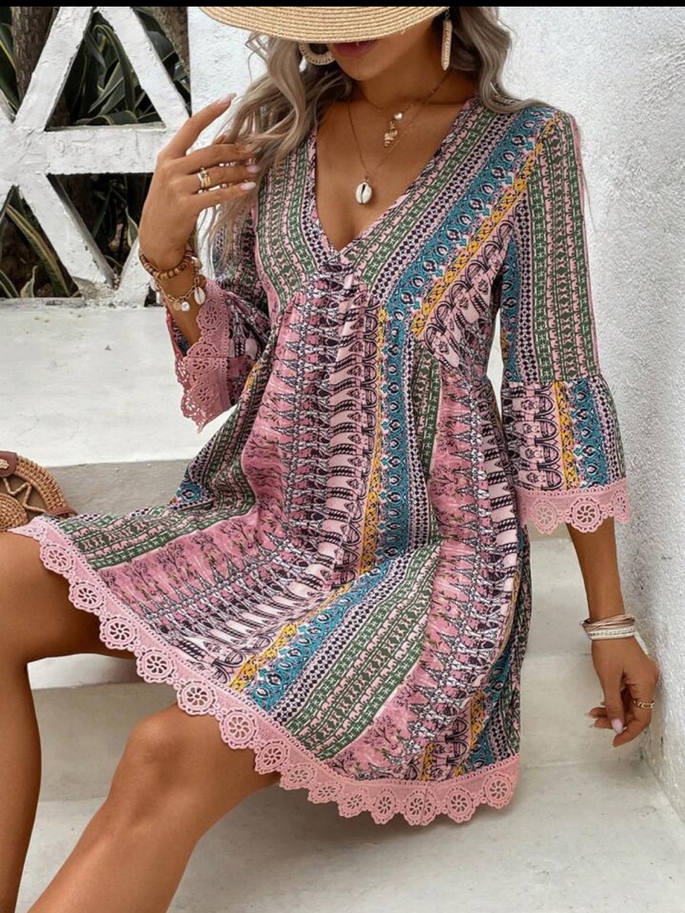 Source Unknown Pink Multi-Print V-Neck Mini Dress Bathing Suit Cover-up Size L